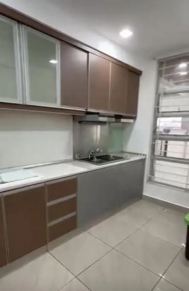 Kitchen features: brown upper cabinets with glass panels, grey lower cabinets, stainless-steel countertop, built-in stove, white tiled backsplash, ceramic tile flooring, window with horizontal slats, under-cabinet lighting; style: modern.
