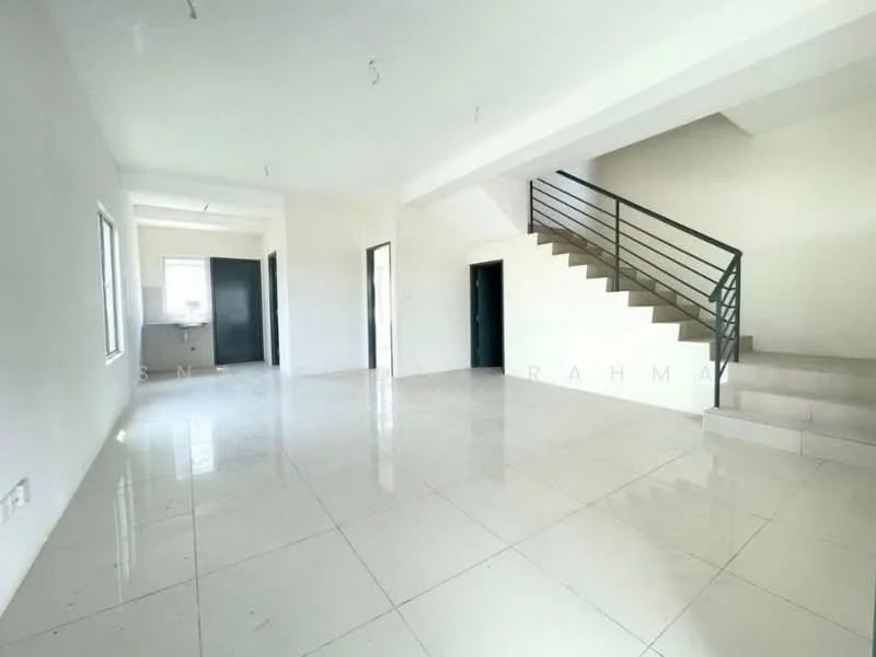 Room features: white painted walls, glossy white tile flooring, staircase with metal railing, large windows, open layout, high ceiling, no visible furniture, neutral color scheme; style: modern.