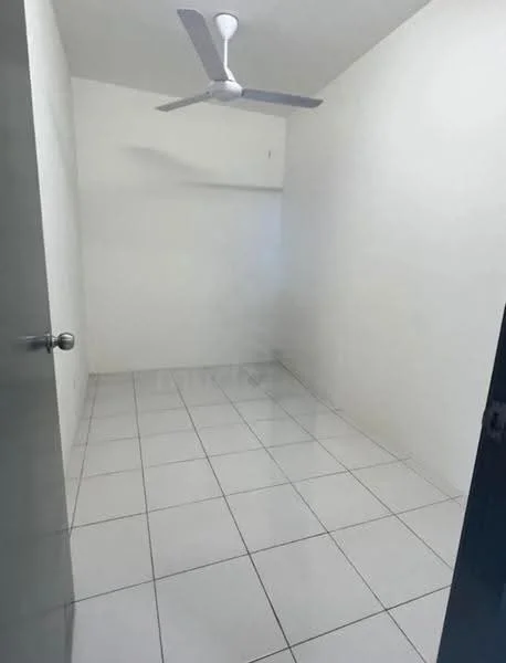 Room features: white painted walls, white tiled flooring, ceiling fan.