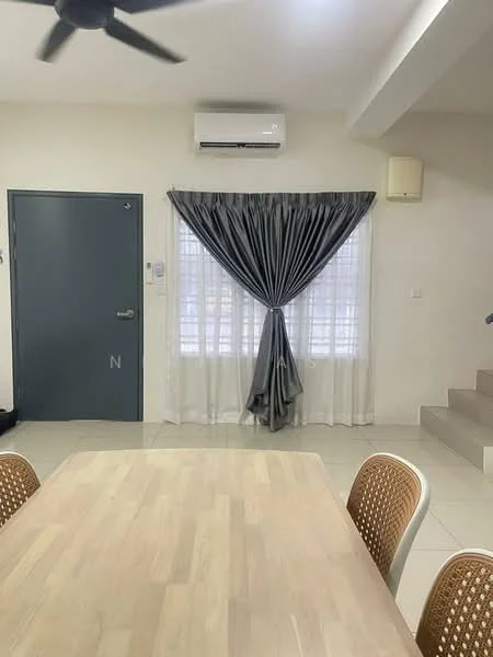 Dining features: light wood dining table, 4 rattan dining chairs, white walls, grey curtains with tiebacks, floor-to-ceiling window, wall-mounted split AC, light-colored tiled flooring, door leading to hallway; style: modern.