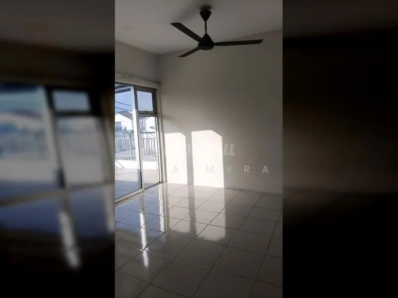 Room features: white painted walls, glossy white tile flooring, 5-blade ceiling fan, floor-to-ceiling sliding glass door, natural light from large window, open space layout; style: modern; view: city.