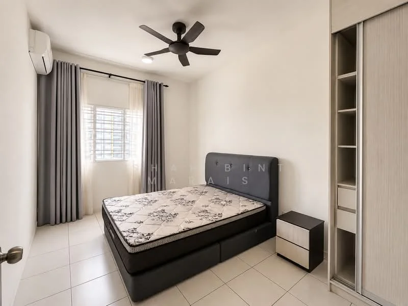 Bedroom features: queen-size bed, upholstered headboard, bedside table, built-in wardrobe, ceiling fan, wall-mounted air conditioning unit, white painted walls, tile flooring, window with blinds, curtains, light fixture; style: modern.