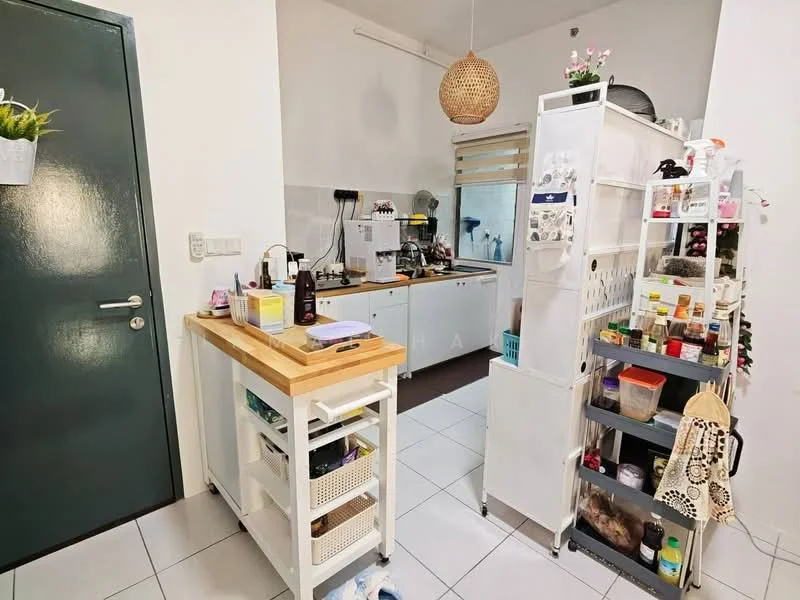 Kitchen features: white cabinetry, wooden countertop on island, stainless-steel appliances, kitchen island with wheels, open shelving, tile flooring, wall-mounted storage, sink, window with blinds, refrigerator, microwave, kettle; style: modern.