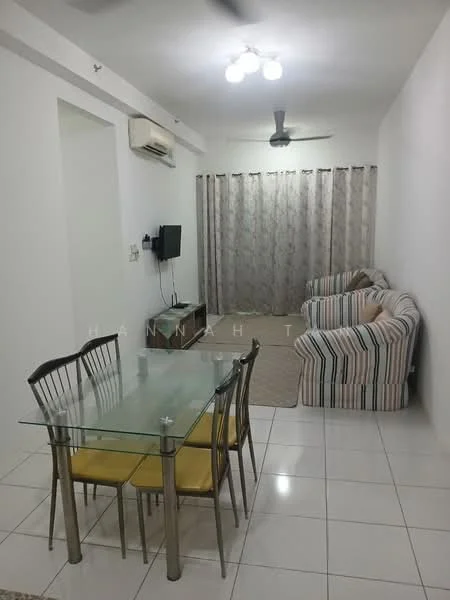 Living features: white painted walls, tile flooring, 5-blade ceiling fan with light, wall-mounted TV, sofa with striped upholstery, glass dining table with metal legs, 4 yellow upholstered dining chairs, curtains with floral pattern, area rug, air conditioning unit; style: modern.