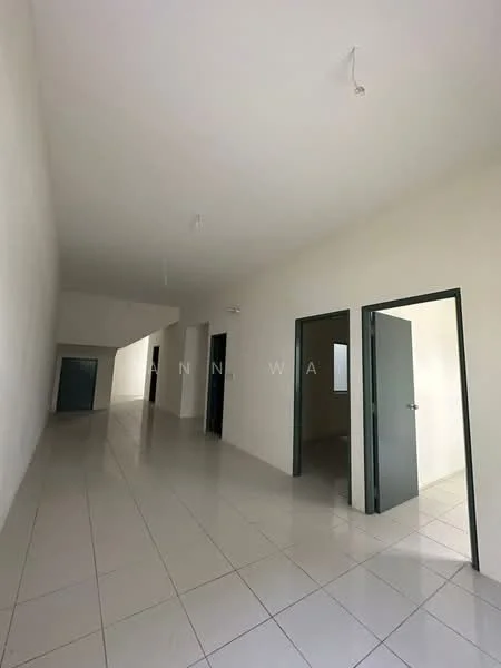 Room features: white painted walls, glossy white tile flooring, ceiling lights, multiple doorways, large windows, neutral color scheme, high ceiling, open hallway layout; style: modern.