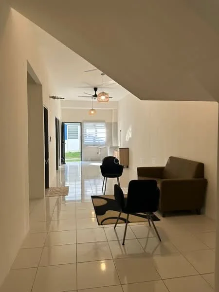Living features: white painted walls, glossy ceramic tile flooring, 5-blade ceiling fan with light, pendant light, sofa in brown fabric, 2 black dining chairs, large sliding glass door, window with blinds; style: modern; view: garden.