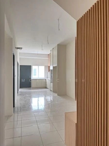 Room features: white painted walls, light-colored ceiling, recessed downlights, glossy white tile flooring, large window with natural light, open layout, wooden feature wall, kitchen cabinetry visible, neutral color palette; style: modern.