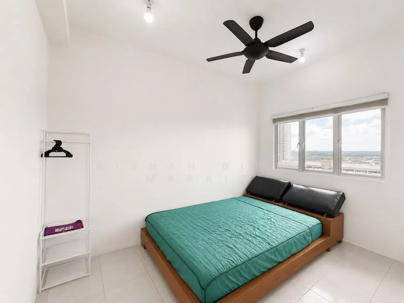 Bedroom features: queen-size bed with teal bedding, black upholstered headboard, white painted walls, tile flooring, 5-blade ceiling fan in black, floor-to-ceiling window, window with roller blinds, open shelving unit, hanging rack for clothes; style: minimalist; view: city.