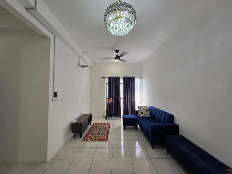 Living features: white painted walls, glossy tile flooring, 5-blade ceiling fan, chandelier, sofa in navy blue, sectional sofa, area rug with geometric pattern, curtains in dark color, TV console, decorative wall art; style: modern.