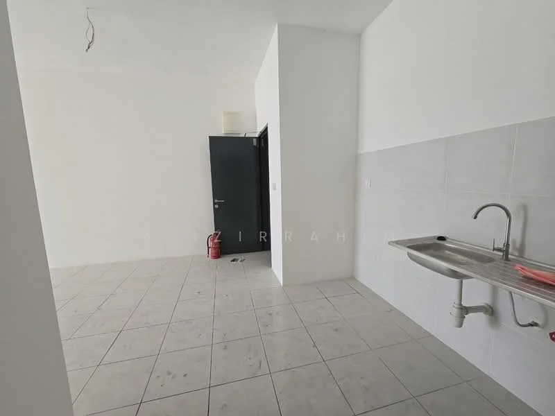 Room features: white painted walls, grey tiled flooring, stainless-steel sink, wall-mounted faucet, single wall with tile cladding, fire extinguisher, door with black finish, ceiling with no visible fixtures; style: modern.