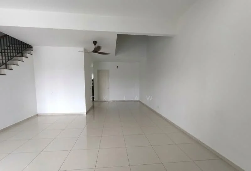 Living features: white painted walls, tile flooring, 5-blade ceiling fan, large windows, open layout, staircase, neutral color scheme, no visible furniture; style: modern.
