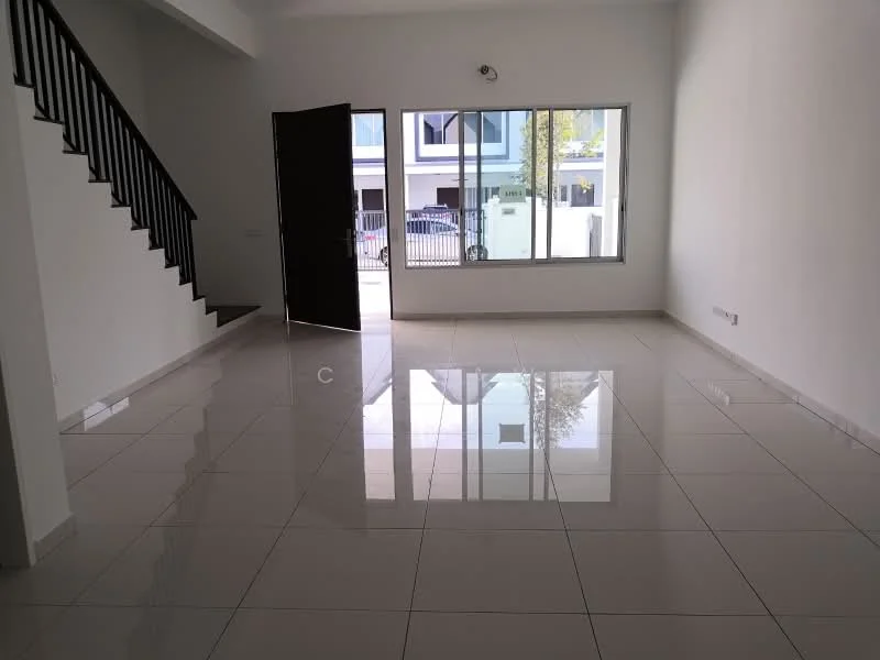 Living features: white painted walls, glossy ceramic tile flooring, large windows with natural light, staircase with black railing, door leading outside, recessed downlights, open layout, no visible furniture; style: modern.