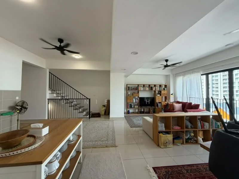 Living features: 2 ceiling fans, white painted walls, tile flooring, large windows with city view, built-in wooden shelving unit, sofa in red fabric, coffee table, area rug with geometric pattern, decorative wall art, open layout with dining area, staircase with black railing; style: modern; view: city.