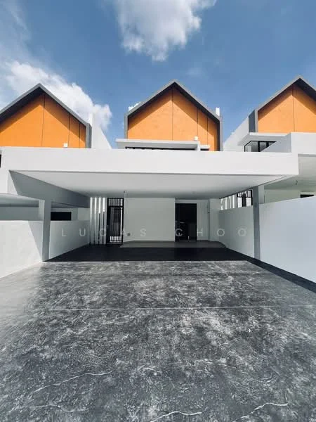 Exterior type: linked terrace house; features: flat roof, orange accent panels, white painted facade, concrete driveway, manicured landscaping, multiple storeys, large car porch; style: modern.
