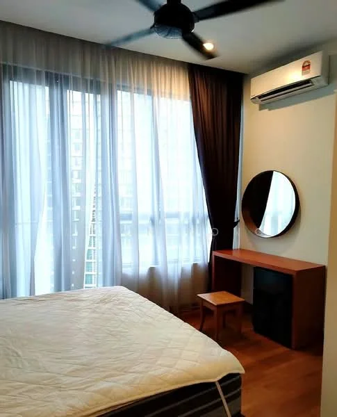 Bedroom features: queen-size bed, wooden flooring, floor-to-ceiling windows, sheer curtains, blackout curtains, wall-mounted split AC, 5-blade ceiling fan, round mirror, wooden side table, wooden dresser; style: modern; view: city.