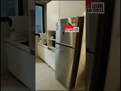 Kitchen features: stainless-steel fridge, white cabinetry, countertop with sink, built-in microwave, ceramic tile flooring, wall-mounted kitchen shelf, window with view, modern faucet; style: modern.