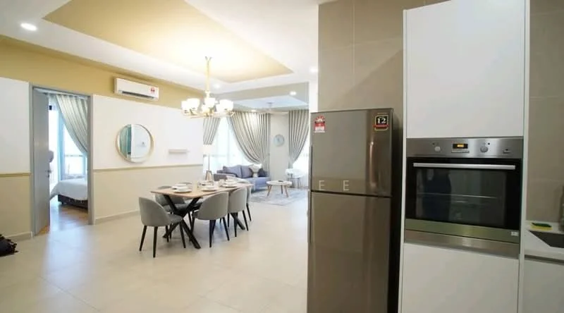 Kitchen features: stainless-steel fridge, built-in oven, white cabinetry, marble countertop, pendant lighting, tile flooring, open layout to living area, dining table with chairs; style: modern. Living features: sofa, coffee table, area rug, floor-to-ceiling windows, curtains, wall-mounted TV, decorative mirror; style: modern.