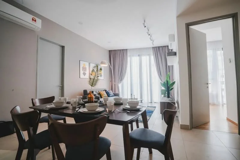 Dining features: 6-seater dining table, wooden dining chairs, white ceramic dinnerware, decorative centerpiece with flowers, light grey walls, recessed downlights, floor-to-ceiling windows, curtains, indoor plant, sofa in background, area rug, wall art; style: modern. Living features: sofa, coffee table, floor-to-ceiling windows, curtains, area rug, wall art; style: modern.