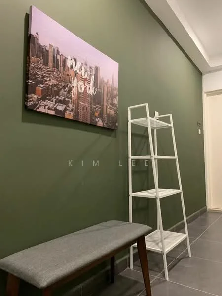 Hallway features: green painted walls, grey tile flooring, framed artwork on wall, white ladder shelf, wooden bench with grey cushion, ceiling lights; style: modern.