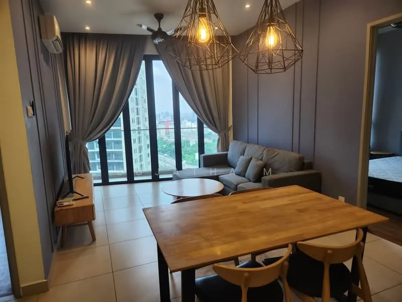 Living features: grey fabric sofa, round coffee table, wooden dining table, 4 wooden dining chairs, floor-to-ceiling windows, sheer curtains, 5-blade ceiling fan with light, wall-mounted TV, light grey painted walls, tile flooring; style: modern; view: city.