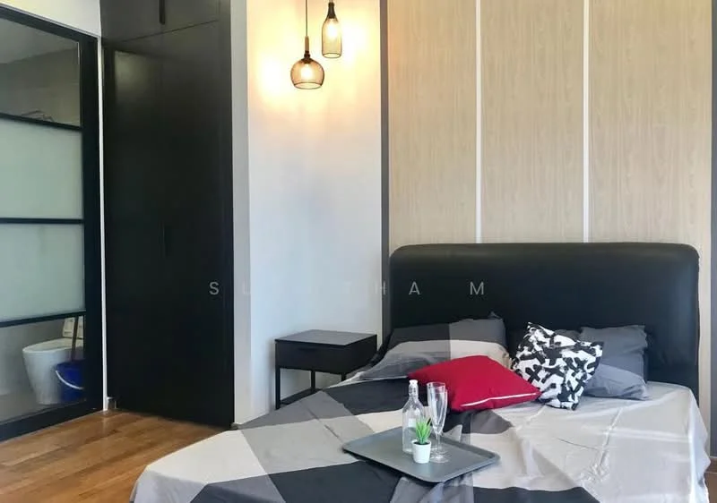 Bedroom features: king-size bed with black leather headboard, grey bedding with red and black accent pillows, nightstand with drawer in black, wooden flooring, pendant lighting with glass shade, built-in wardrobe with sliding doors, decorative wall paneling, window with sheer curtains; style: modern.