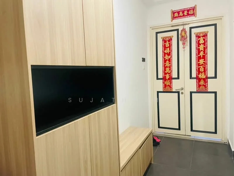 Room features: wooden cabinetry, black open shelving, tile flooring, double doors, decorative red banners, wall-mounted hooks, neutral wall color, bench seating; style: modern.