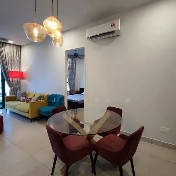 Living features: 3-seater fabric sofa in yellow, 2-seater fabric sofa in blue, round glass dining table, 4 upholstered dining chairs in burgundy, pendant lighting with three glass shades, wall-mounted split AC, curtains with a pattern, tile flooring, decorative cushions, ceiling fan; style: modern.