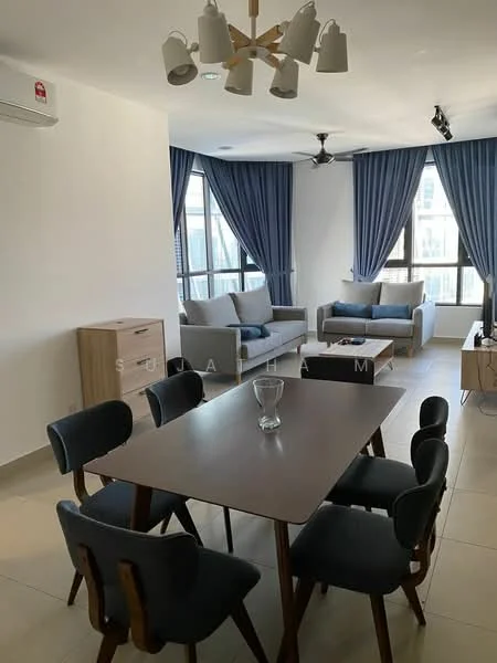 Living features: 3-seater fabric sofa in light grey, 2-seater fabric sofa in light grey, wooden coffee table, dining table with 6 upholstered chairs, 5-blade ceiling fan, recessed downlights, floor-to-ceiling windows with sheer curtains, light-coloured tiled flooring, wall-mounted TV, decorative wall art; style: modern; view: city.