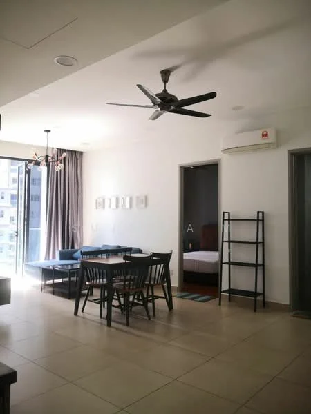 Dining features: dining table with 6 chairs, 5-blade ceiling fan, wall-mounted air conditioning unit, large window with sheer curtains, light-colored tiled flooring, decorative wall art, open layout, blue sofa, bookshelf, neutral painted walls; style: modern; view: city. Room features: doorway leading to another room, bed visible in adjacent room.