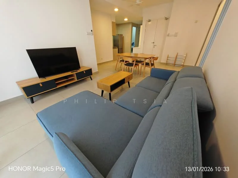 Living features: 3-seater fabric sofa in grey, wooden coffee table, TV console with storage, wall-mounted TV, dining table with chairs, tile flooring, recessed downlights, open layout, neutral wall colour, ceiling fan; style: modern.