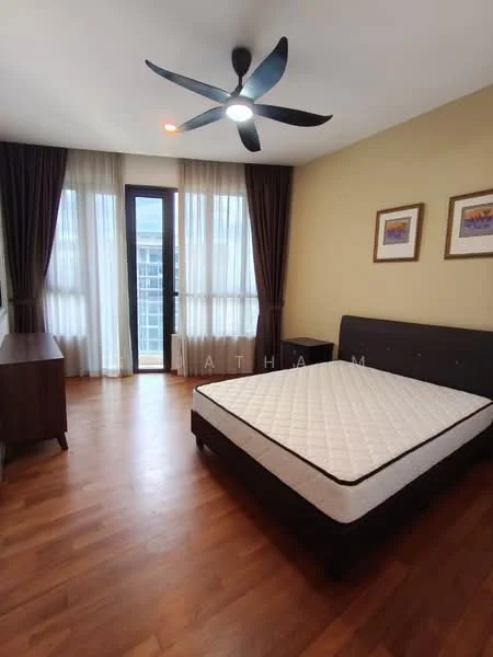 Bedroom features: wooden flooring, beige painted walls, floor-to-ceiling windows, blackout curtains, 5-blade ceiling fan with light, queen-size bed, upholstered headboard, two framed artworks, wooden dresser, natural light from windows; style: modern; view: city.