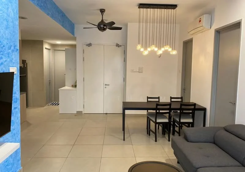 Living features: grey fabric sofa, coffee table, 4-seater dining table, black dining chairs, 5-blade ceiling fan with light, recessed downlights, wall-mounted TV, light fixture with multiple bulbs, cream tiled flooring, blue accent wall, air conditioning unit; style: modern. Room features: white painted walls, door to hallway, door to kitchen area, grey tiled flooring.