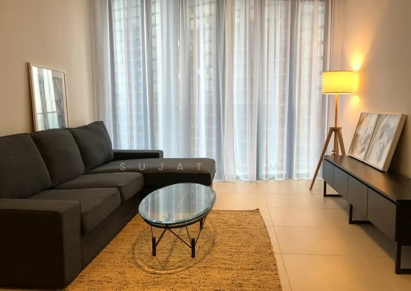 Living features: grey fabric sofa, coffee table with glass top, area rug with neutral color, floor lamp with wooden base, light-colored walls, large sheer curtains, TV console in dark wood, framed artwork on wall; style: modern.