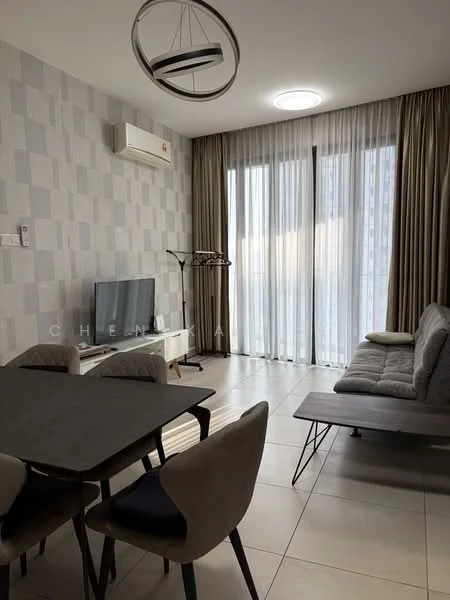 Living features: grey fabric sectional sofa, coffee table, wall-mounted TV, dining table with four chairs, floor-to-ceiling windows, sheer curtains, air conditioning unit, recessed ceiling light, light-colored tiled flooring, decorative wall with square pattern; style: modern; view: city.
