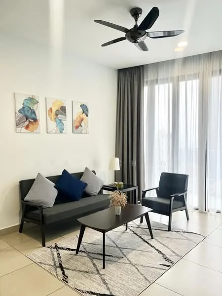 Living features: 3-seater fabric sofa in dark grey, 2 accent pillows in light grey, armchair in black wood with fabric seat, coffee table in dark wood, area rug with geometric pattern, 5-blade ceiling fan with light, floor-to-ceiling windows with sheer curtains, light grey curtains, framed artwork with abstract design, tile flooring in beige; style: modern; view: city.