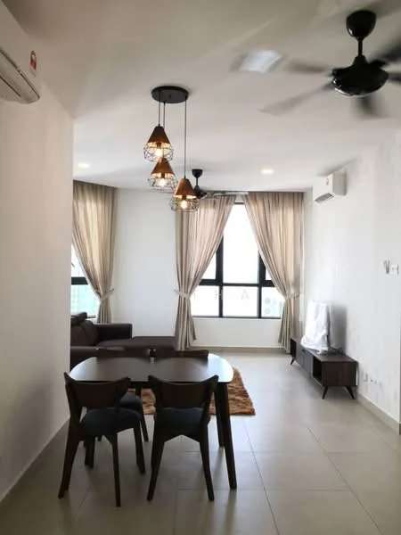 Living features: 3-blade ceiling fan, 2 pendant lights with amber shades, cream painted walls, light-colored tile flooring, floor-to-ceiling windows, sheer curtains, dark brown sofa, TV console, wall-mounted TV, round dining table, 4 wooden dining chairs, area rug; style: modern; view: city.