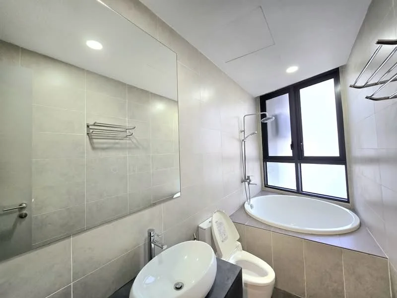 Bathroom features: bathtub with curved design, single-sink vanity with modern basin, wall-mounted faucet, large mirror above sink, grey tiled walls, light grey tiled flooring, shower with handheld showerhead, toilet, window for natural light, towel rack, recessed ceiling lights; style: modern.