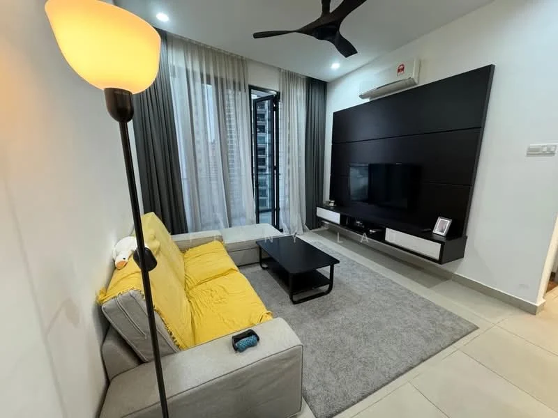 Living features: 3-seater fabric sofa in grey, yellow throw blanket, black coffee table, area rug in light grey, wall-mounted TV, black entertainment unit, floor lamp with warm light, sliding glass door, curtains in light grey, wall-mounted air conditioning unit, recessed downlights, light-colored tiled flooring; style: modern.