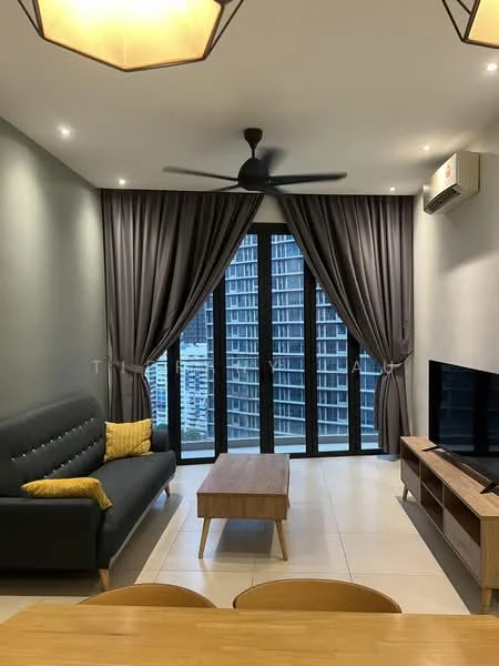 Living features: 3-seater fabric sofa in dark green, wooden coffee table, TV console, wall-mounted TV, floor-to-ceiling windows, blackout curtains, 5-blade ceiling fan with light, recessed downlights, cream tiled flooring, decorative throw pillow in yellow, wooden flooring in dining area, grey painted walls; style: modern; view: city.