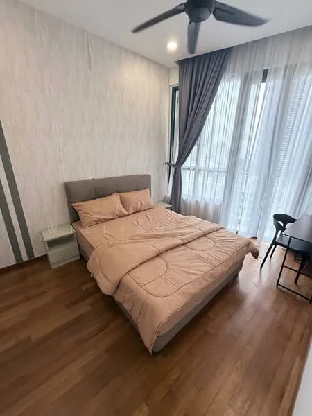 Bedroom features: queen-size bed with pink bedding, wooden flooring, floor-to-ceiling windows, sheer curtains, 5-blade ceiling fan, study desk, nightstand, decorative wall with vertical stripes; style: modern; view: city.