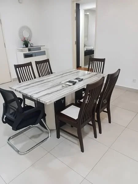 Dining features: marble dining table, 6-seater dining table, wooden dining chairs, black office chair, white walls, tile flooring, decorative wall mirror, minimalist decor; style: modern.