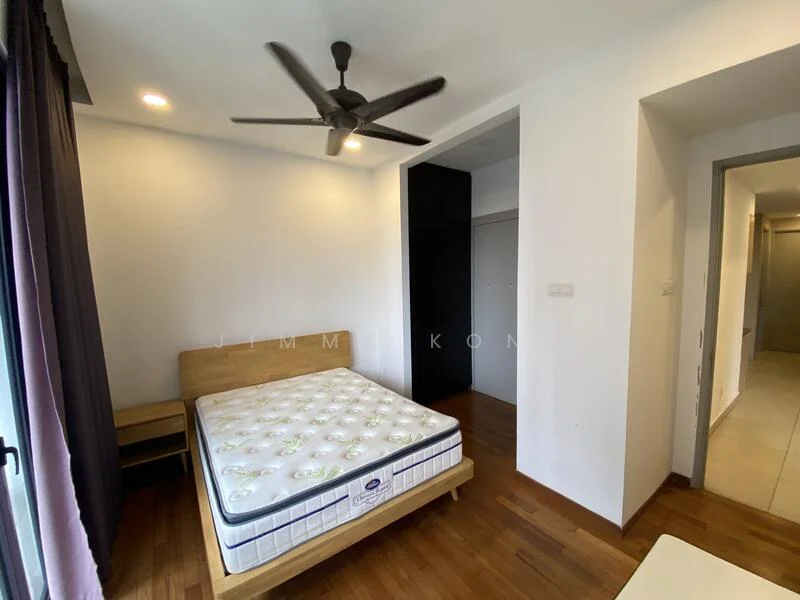 Bedroom features: queen-size bed, wooden bed frame, mattress with floral pattern, 5-blade ceiling fan with light, white painted walls, wood flooring, black wardrobe, window with sheer curtains, nightstand, light fixture, doorway leading to hallway; style: modern.