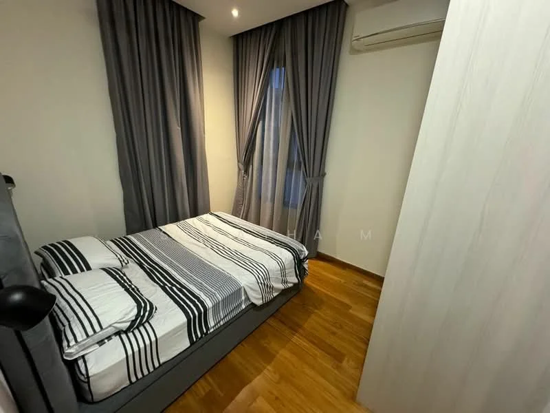 Bedroom features: queen-size bed with striped bedding, wooden flooring, floor-to-ceiling window with sheer curtains, grey curtains, wall-mounted split AC, built-in wardrobe with light wood finish, recessed downlights, decorative wall paneling; style: modern.