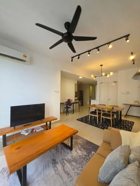 Living features: 3-seater fabric sofa in beige, wooden coffee table, TV console, wall-mounted TV, area rug with geometric pattern, 5-blade ceiling fan in black, recessed LED downlights, dining table with chairs, open layout to kitchen, air conditioning unit on wall, decorative wall art; style: modern.