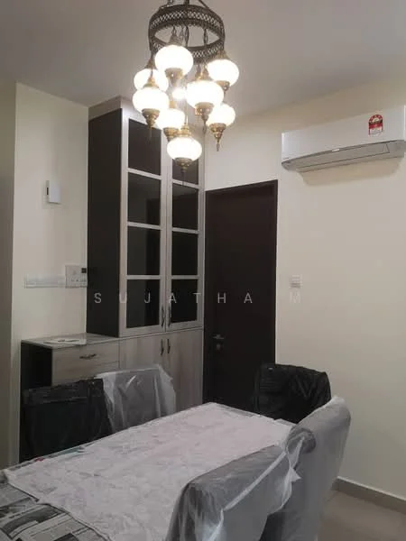 Dining features: 6-seater dining table, upholstered dining chairs, chandelier with multiple bulbs, wall-mounted air conditioning unit, light-colored walls, wooden cabinetry with glass doors, tablecloth on dining table, decorative wall panel, dark wooden door; style: modern.