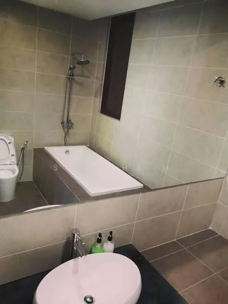 Bathroom features: bathtub, shower with wall-mounted faucet, toilet, tile cladding on walls, grey tile flooring, window for natural light, built-in shelf for toiletries, modern fixtures; style: modern.