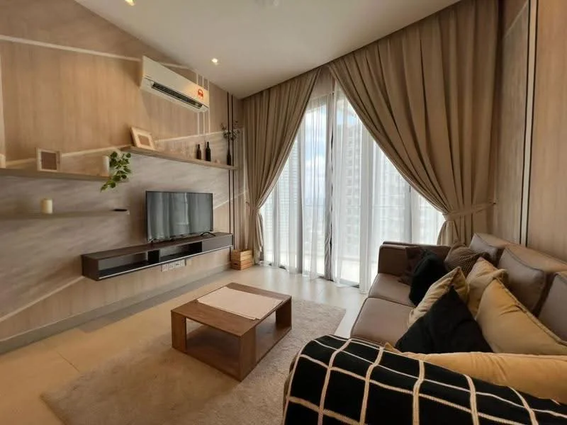 Living features: 3-seater fabric sofa in grey, black and white patterned throw pillows, wooden coffee table, TV console with wall-mounted TV, cream area rug, floor-to-ceiling windows, sheer curtains, air conditioning unit, decorative wall paneling, wall-mounted decorative shelves, greenery in a vase; style: modern; view: city.
