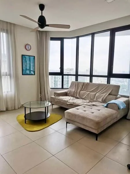 Living features: floor-to-ceiling windows, beige fabric sectional sofa, glass coffee table, yellow area rug, wall clock, framed artwork, sheer curtains, light-colored walls, ceiling fan with light; style: modern; view: city.