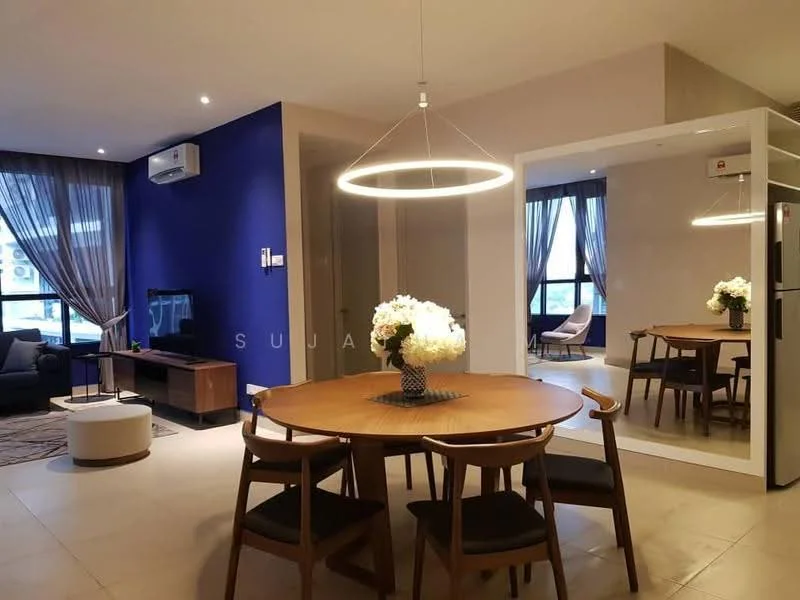 Dining features: round wooden dining table, 4 wooden dining chairs, decorative vase with flowers, pendant light fixture, wall-mounted air conditioning unit, mirrored wall, grey tiled flooring, blue accent wall, curtains, floor-to-ceiling windows, sofa in background, TV console with television; style: modern. Living features: 3-seater fabric sofa, coffee table, TV console, wall-mounted TV; style: modern.