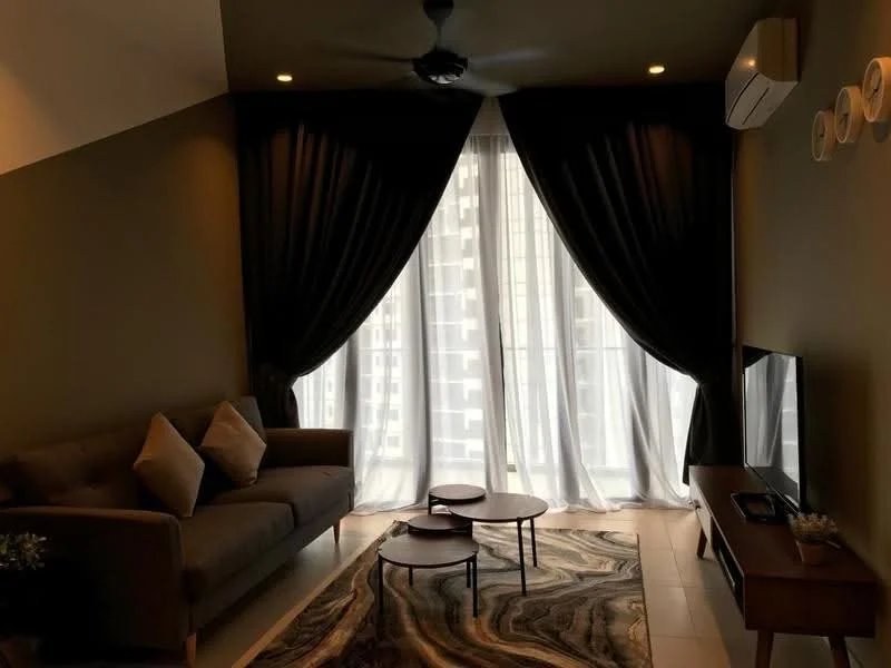 Living features: 3-seater fabric sofa in grey, 2 decorative cushions, coffee table with circular design, area rug with abstract pattern, floor-to-ceiling windows, sheer white curtains, blackout curtains, wall-mounted TV, wooden TV console, 1 wall-mounted split AC, recessed downlights, ceiling fan with light; style: modern; view: city.